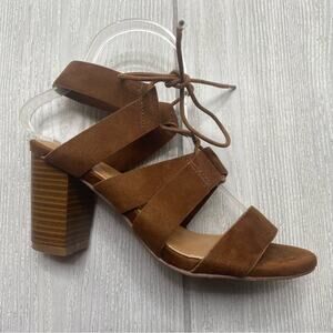 Lulu's Brown Faux Suede Strappy Stacked Heel Sandals Size 8